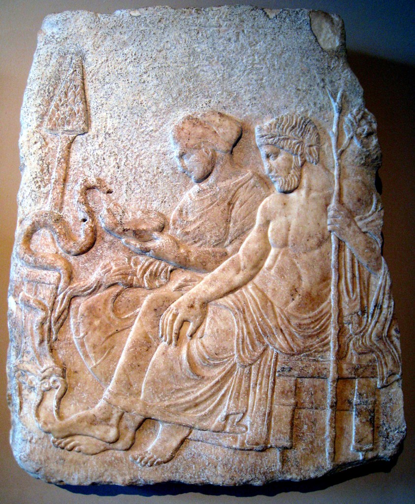 Asclepius and his Daughter Hygeia, Attic Relief, last quarter 4th century BC